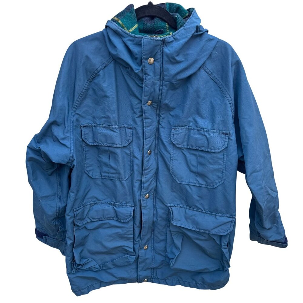 Teton Woolrich Blue Vintage‎ Wool Blend Hooded Parka Jacket Plaid Lining Mens L